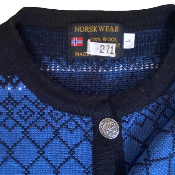 Norskwear Nordic 100% Wool Button Cardigan Blue Black Size Large - Picture 3 of 8